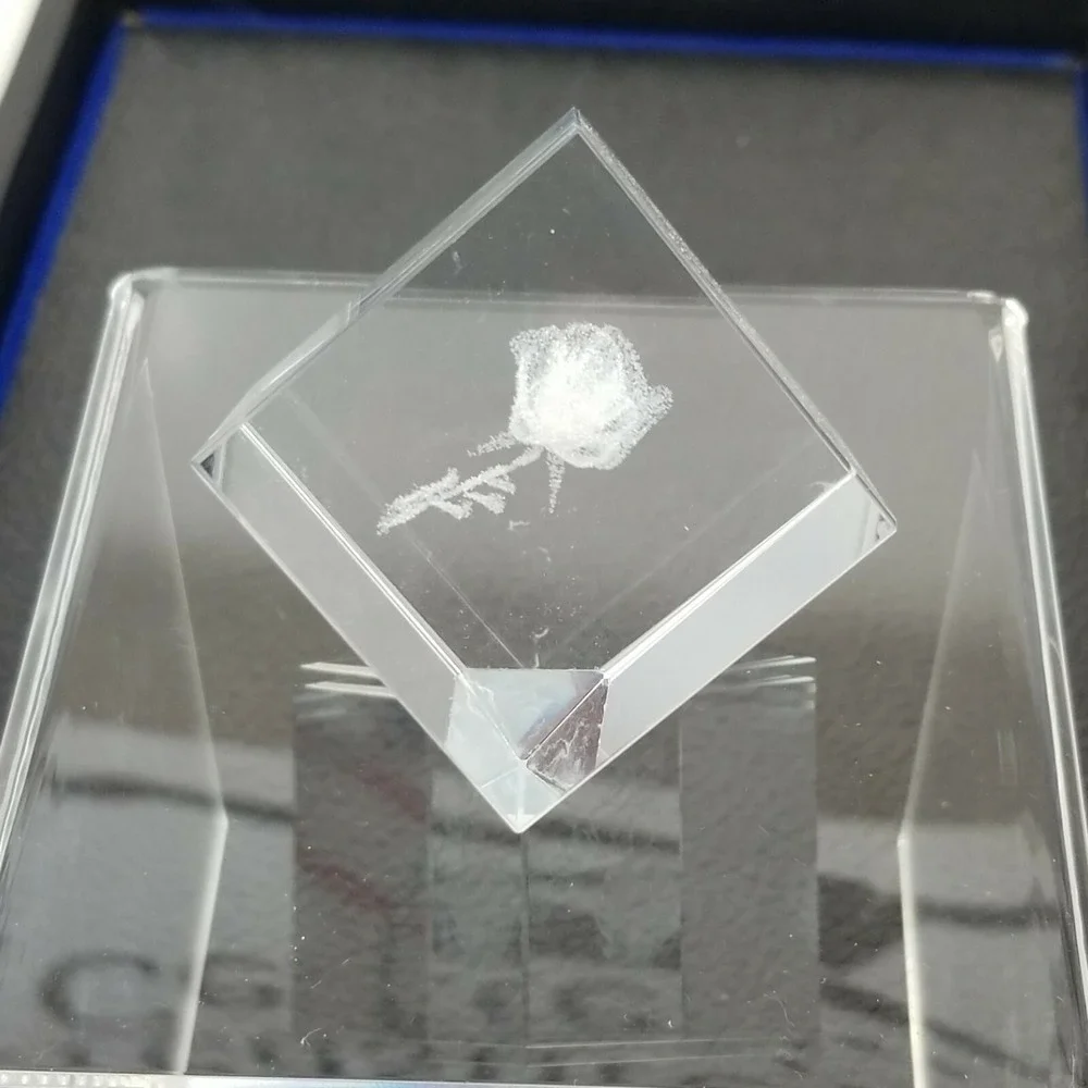 3D Laser Etched Rose on Crystal Cube Paperweight - Great 
